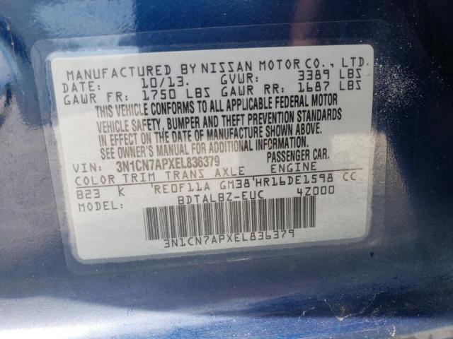 3N1CN7APXEL836379 - 2014 NISSAN VERSA S BLUE photo 12