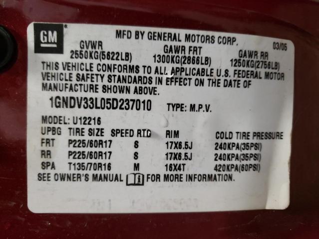 1GNDV33L05D237010 - 2005 CHEVROLET UPLANDER LT RED photo 13