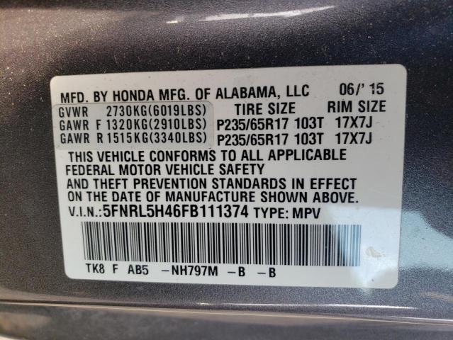 5FNRL5H46FB111374 - 2015 HONDA ODYSSEY EX GRAY photo 13