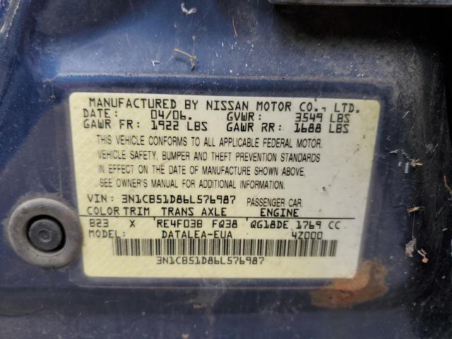 3N1CB51D86L576987 - 2006 NISSAN SENTRA 1.8 BLUE photo 12