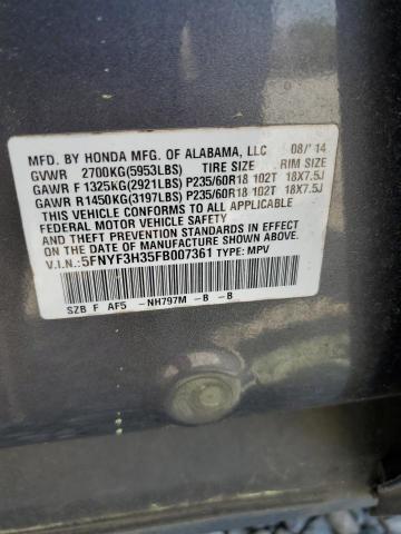 5FNYF3H35FB007361 - 2015 HONDA PILOT SE GRAY photo 13