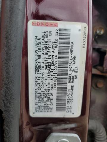 JTKKT624140072214 - 2004 TOYOTA SCION XA BURGUNDY photo 12