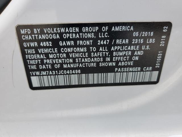 1VWJM7A31JC040496 - 2018 VOLKSWAGEN PASSAT GT WHITE photo 12