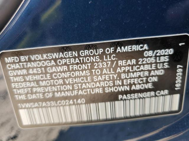 1VWSA7A33LC024140 - 2020 VOLKSWAGEN PASSAT SE BLUE photo 12