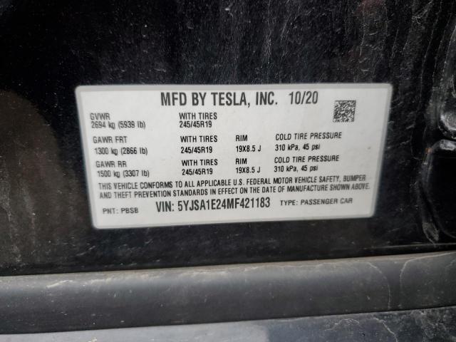 5YJSA1E24MF421183 - 2021 TESLA MODEL S Qara foto 12