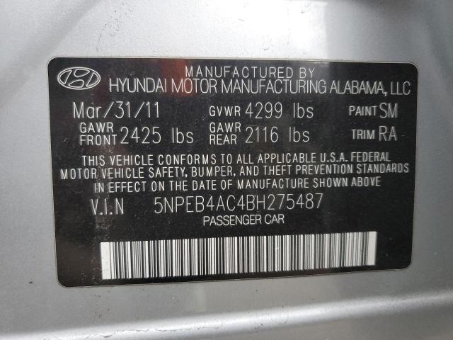 5NPEB4AC4BH275487 - 2011 HYUNDAI SONATA GLS SILVER photo 12