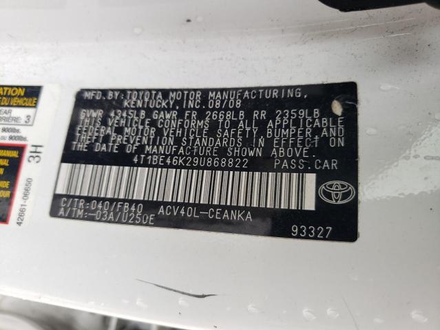 4T1BE46K29U868822 - 2009 TOYOTA CAMRY BASE WHITE photo 12