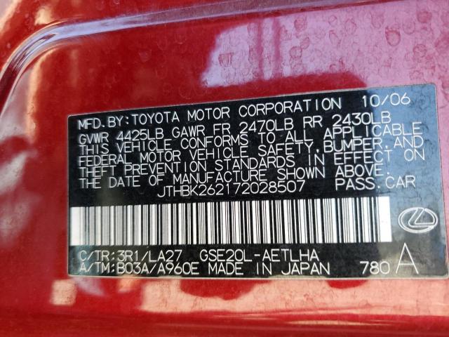 JTHBK262172028507 - 2007 LEXUS IS 250 RED photo 12