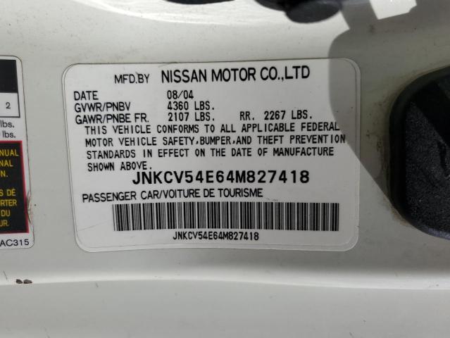 JNKCV54E64M827418 - 2004 INFINITI G35 WHITE photo 12