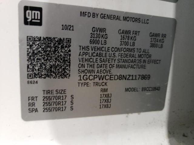 1GCPWCED8NZ117869 - 2022 CHEVROLET SILVERADO C1500 LT WHITE photo 12