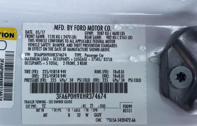 3FA6P0H9XHR374674 - 2017 FORD FUSION SE WHITE photo 10