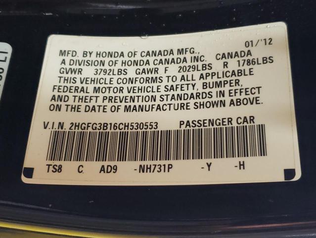 2HGFG3B16CH530553 - 2012 HONDA CIVIC EXL BLACK photo 12