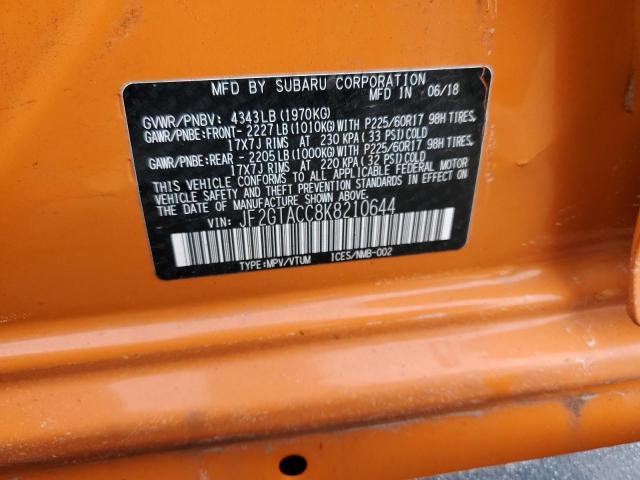 JF2GTACC8K8210644 - 2019 SUBARU CROSSTREK PREMIUM ORANGE photo 12