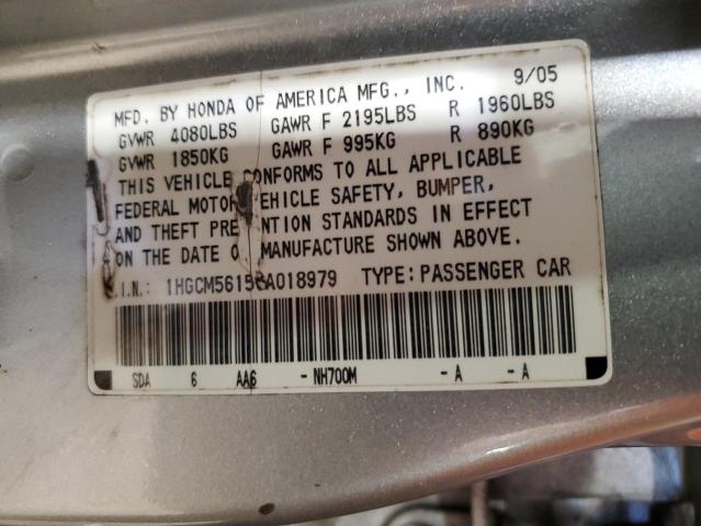 1HGCM56156A018979 - 2006 HONDA ACCORD VALUE SILVER photo 12