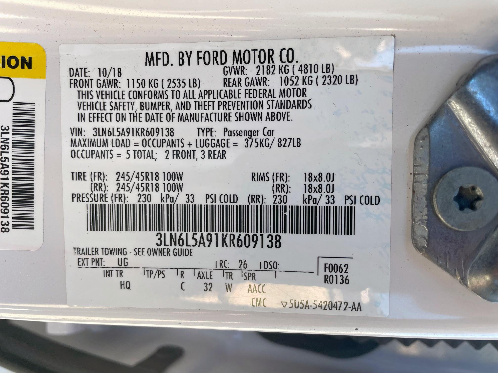 3LN6L5A91KR609138 - 2019 LINCOLN MKZ WHITE photo 10