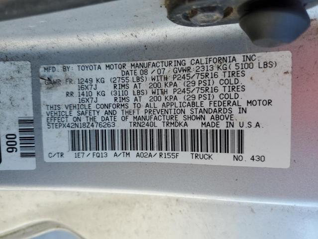 5TEPX42N18Z476263 - 2008 TOYOTA TACOMA SILVER photo 12