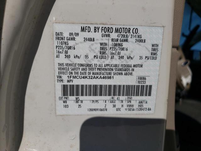 1FMCU4K32AKA46981 - 2010 FORD ESCAPE HYBRID WHITE photo 13