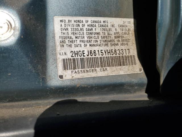 2HGEJ6615YH563317 - 2000 HONDA CIVIC BASE BLUE photo 12