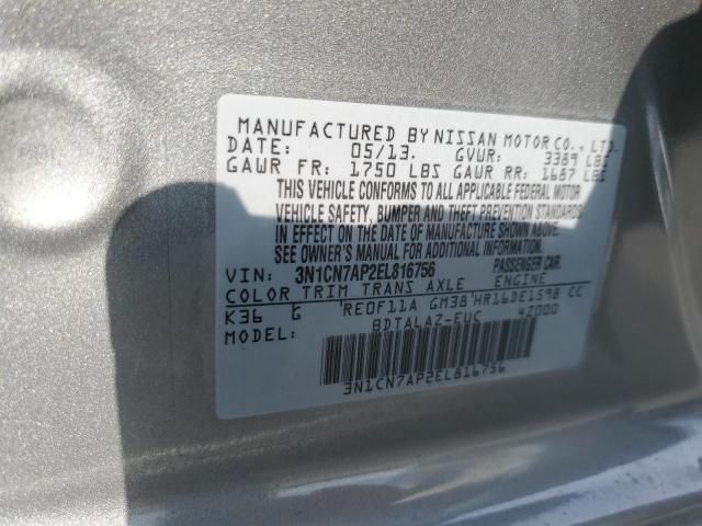 3N1CN7AP2EL816756 - 2014 NISSAN VERSA S GRAY photo 12