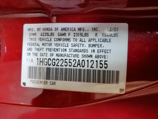 1HGCG22552A012155 - 2002 HONDA ACCORD EX RED photo 12