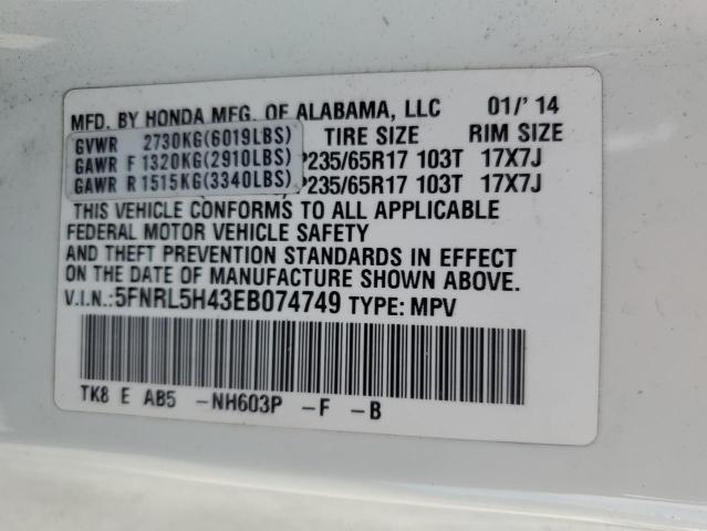 5FNRL5H43EB074749 - 2014 HONDA ODYSSEY EX WHITE photo 14