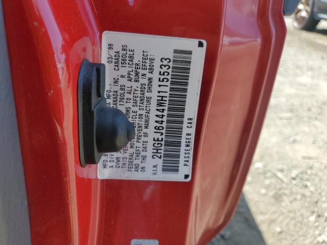 2HGEJ6444WH115533 - 1998 HONDA CIVIC DX RED photo 12