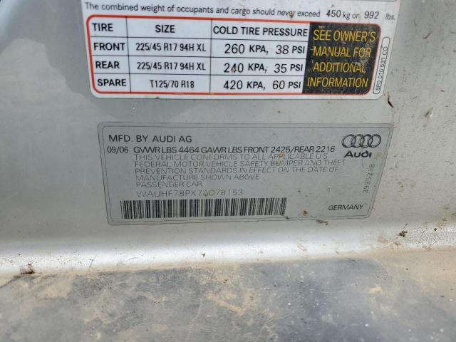 WAUHF78PX7A078153 - 2007 AUDI A3 2 SILVER photo 12