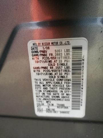 JN8AZ08W26W521489 - 2006 NISSAN MURANO SL GRAY photo 12