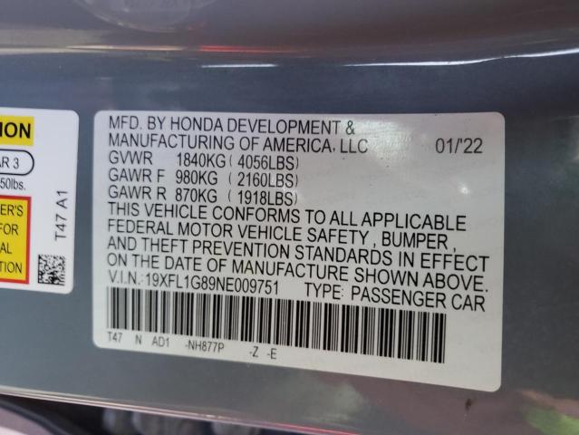 19XFL1G89NE009751 - 2022 HONDA CIVIC SPORT TOURING 蓝色 照片 12