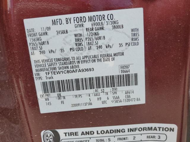 1FTEW1C80AFA93693 - 2010 FORD F150 SUPERCREW BURGUNDY photo 12