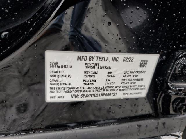 5YJSA1E51NF489131 - 2022 TESLA MODEL S BLACK photo 12