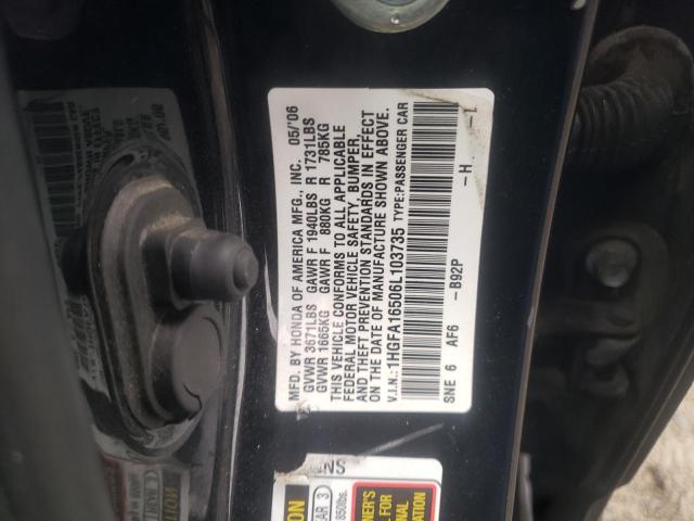 1HGFA16506L103735 - 2006 HONDA CIVIC LX BLACK photo 12