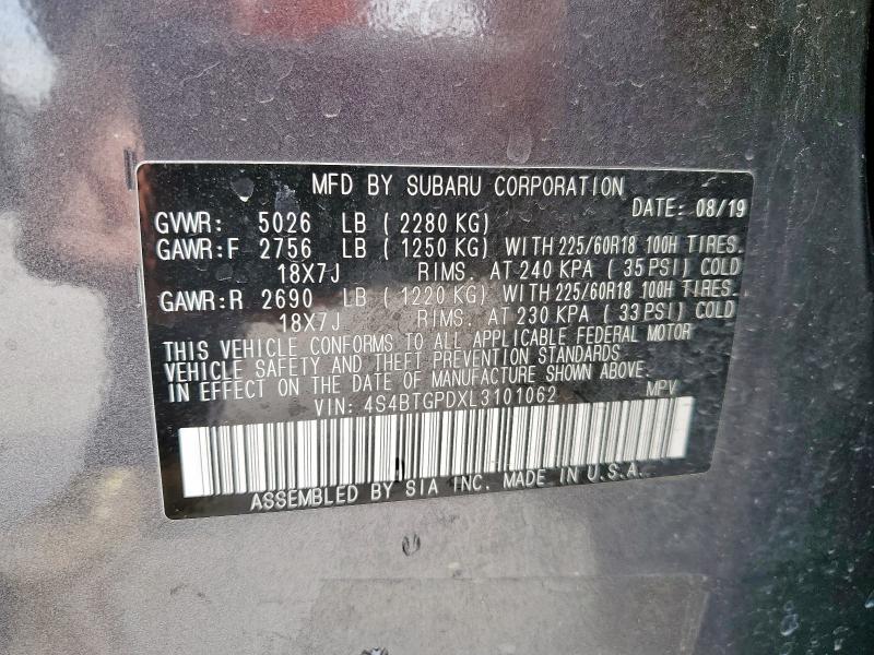 4S4BTGPDXL3101062 - 2020 SUBARU OUTBACK TOURING LDL Մոխրագույն լուսանկար 14