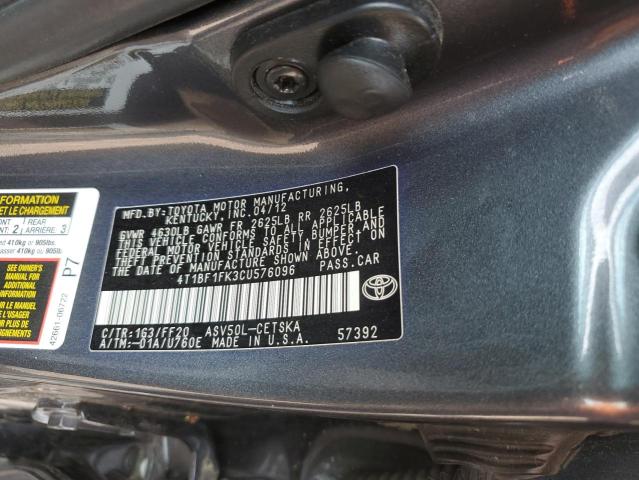 4T1BF1FK3CU576096 - 2012 TOYOTA CAMRY BASE CHARCOAL photo 12