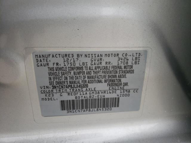 3N1CN7AP8JL845320 - 2018 NISSAN VERSA S SILVER photo 12