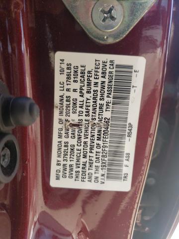 19XFB2F91FE004662 - 2015 HONDA CIVIC EXL ბურგუნდია ფოტო 12