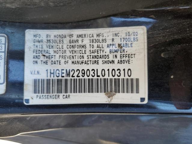 1HGEM22903L010310 - 2003 HONDA CIVIC EX BLACK photo 12