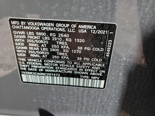 1V2WE2CA0NC207472 - 2022 VOLKSWAGEN ATLAS CROS SE ნაცრისფერი ფოტო 14