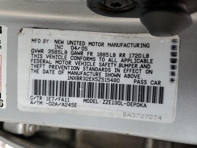 1NXBR32EX5Z515480 - 2005 TOYOTA COROLLA CE SILVER photo 12