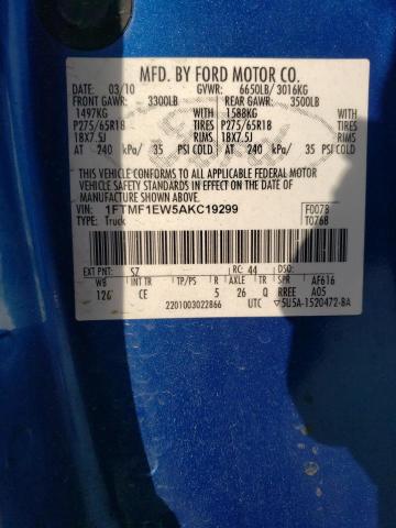 1FTMF1EW5AKC19299 - 2010 FORD F150 BLUE photo 12