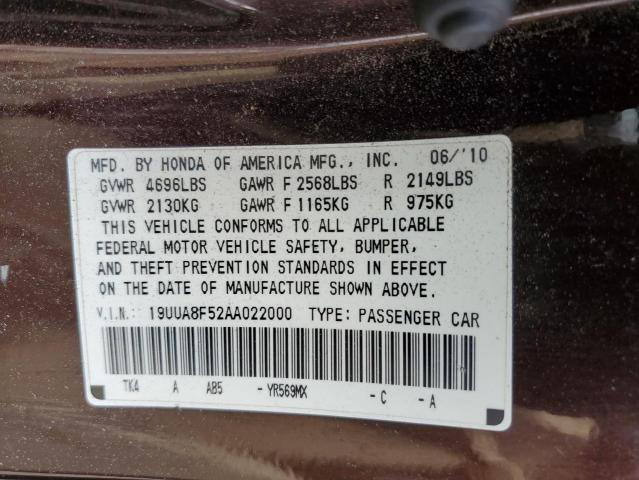 19UUA8F52AA022000 - 2010 ACURA TL MAROON photo 12