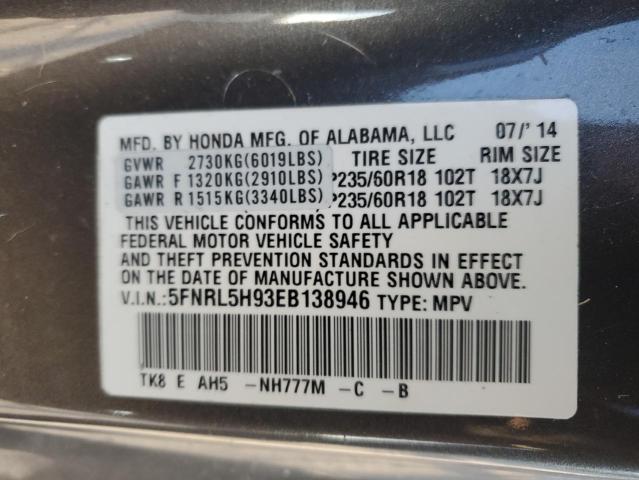 5FNRL5H93EB138946 - 2014 HONDA ODYSSEY TOURING GRAY photo 13