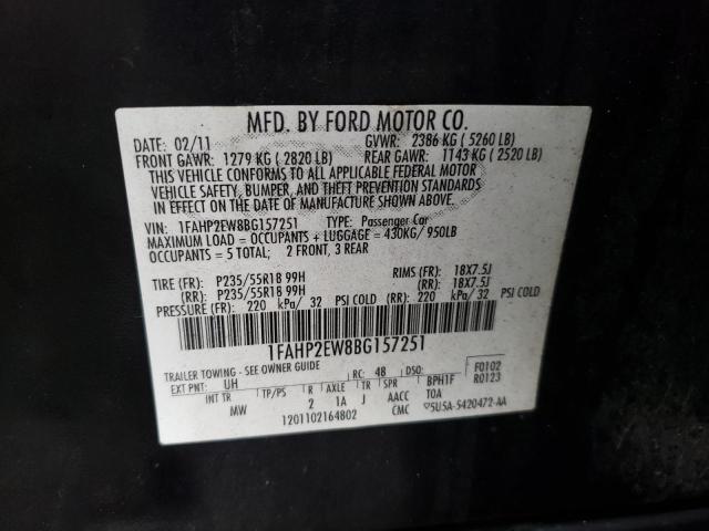 1FAHP2EW8BG157251 - 2011 FORD TAURUS SEL BLACK photo 12