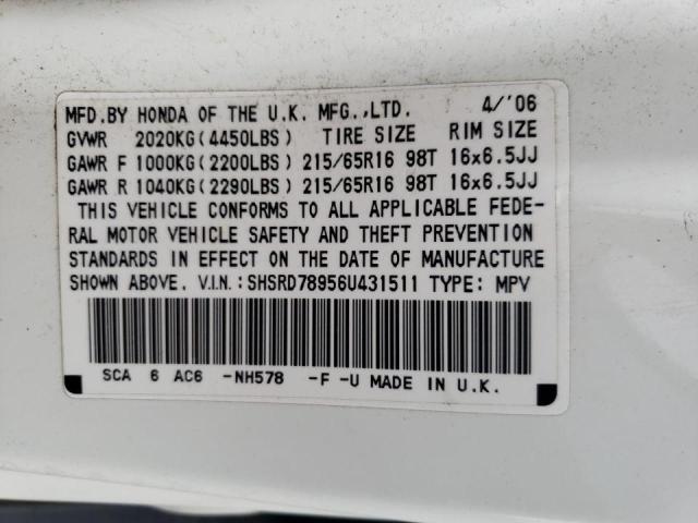 SHSRD78956U431511 - 2006 HONDA CR-V SE WHITE photo 13