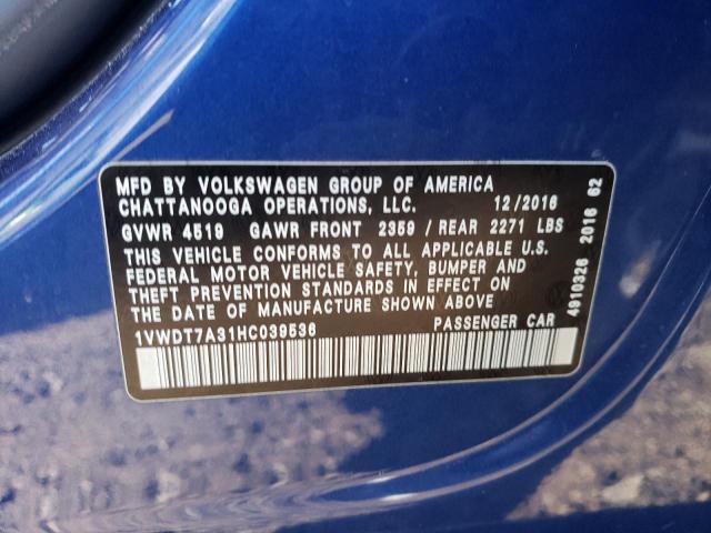 1VWDT7A31HC039536 - 2017 VOLKSWAGEN PASSAT R-LINE Blau Foto 13