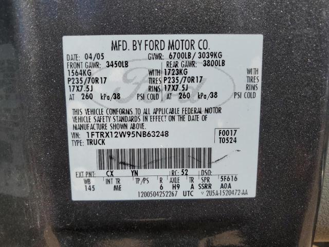 1FTRX12W95NB63248 - 2005 FORD F150 CHARCOAL photo 12