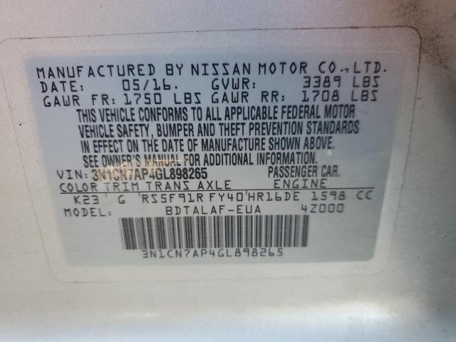 3N1CN7AP4GL898265 - 2016 NISSAN VERSA S SILVER photo 13