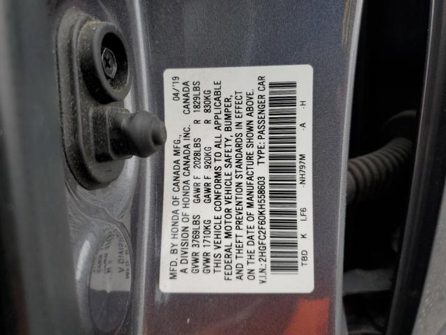 2HGFC2F60KH558603 - 2019 HONDA CIVIC LX GRAY photo 12