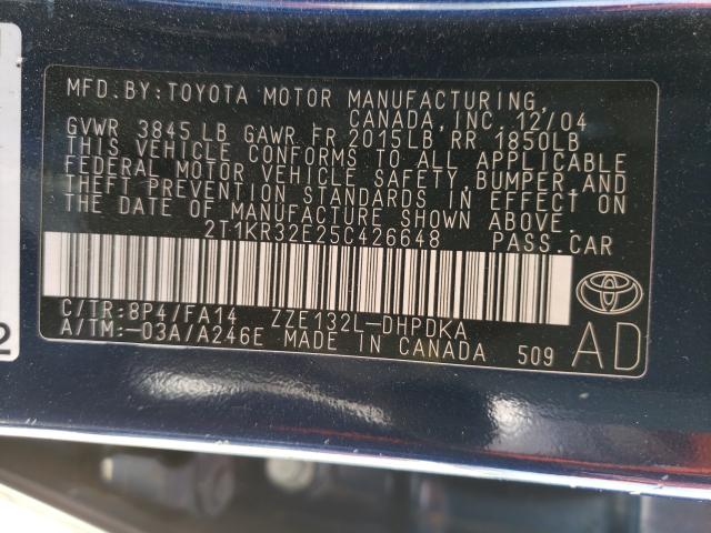 2T1KR32E25C426648 - 2005 TOYOTA COROLLA MA XR BLUE photo 10