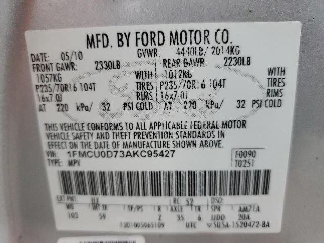 1FMCU0D73AKC95427 - 2010 FORD ESCAPE XLT SILVER photo 12